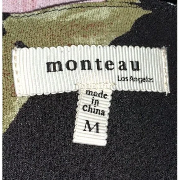 Monteau Los Angeles Sz MEDIUM Black Floral Pullover Blouse Keyhole Back EUC - Picture 9 of 10